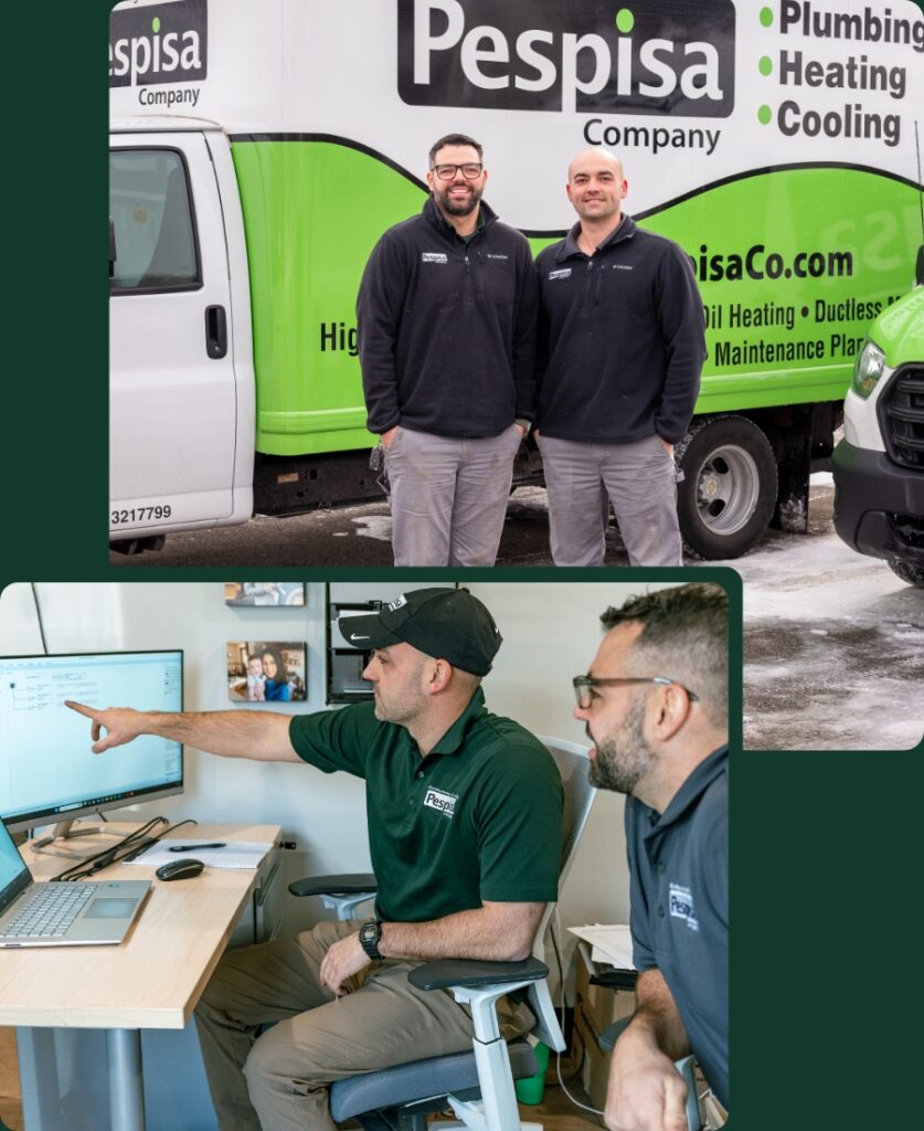 Pespisa team members standing by a company service van and working in the office.