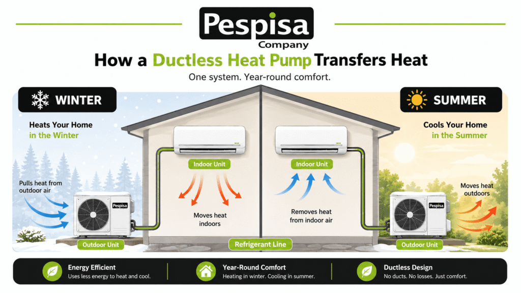 How a ductless heat pump transfers heat