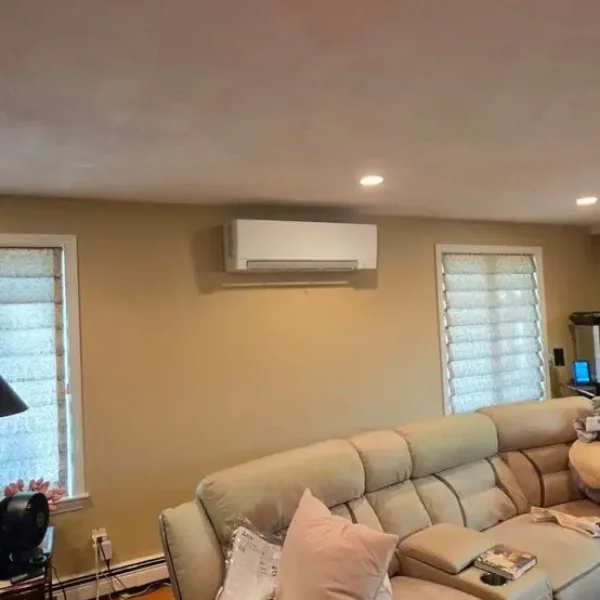 Fujitsu ductless mini-split air conditioner mounted above a living room mirror