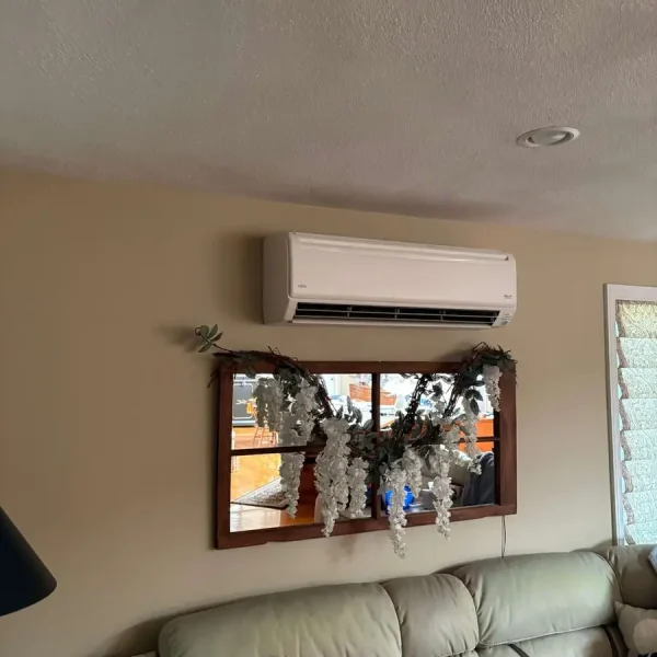 Mitsubishi Electric outdoor mini-split condenser installed beside a blue-sided home